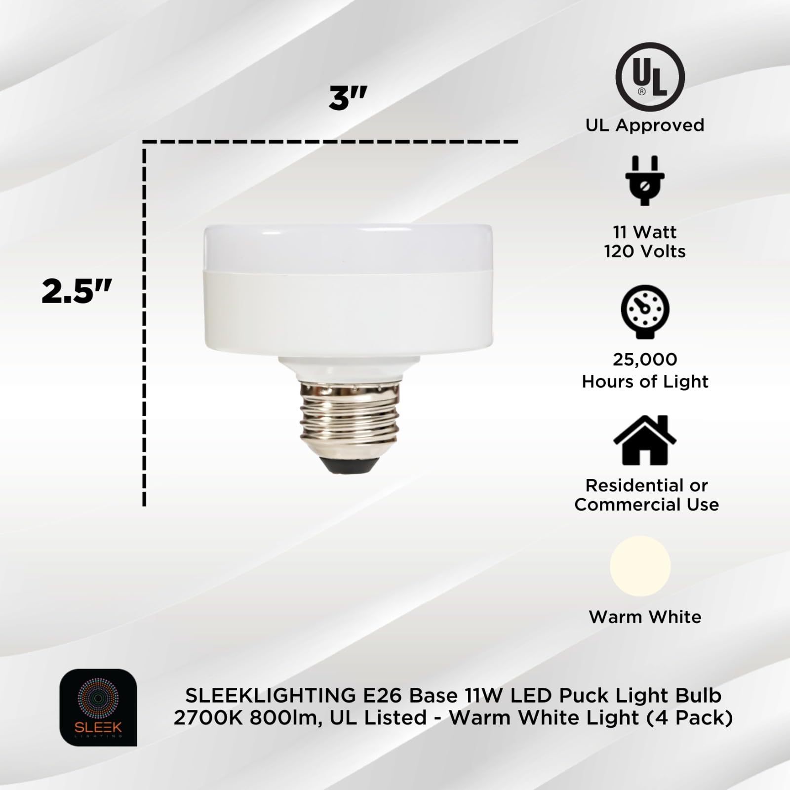SLEEKLIGHTING LED Low Profile Flat Puck Light Bulb, E26, 11W